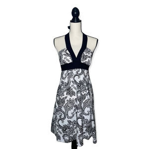 HALTER Dress Womens 3 Speechless Black White Paisley Print Black Trim V Neck Tie